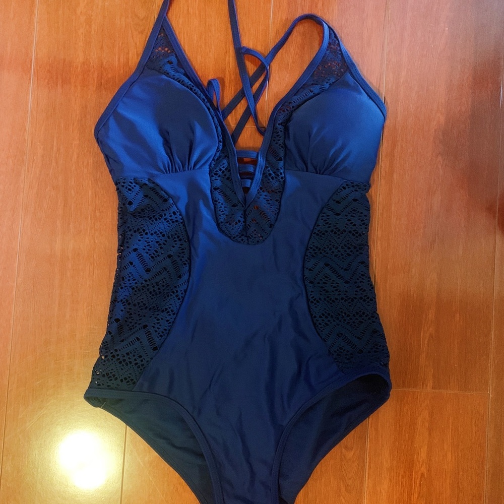 cute lace mesh navy one piece swimsuit | S
